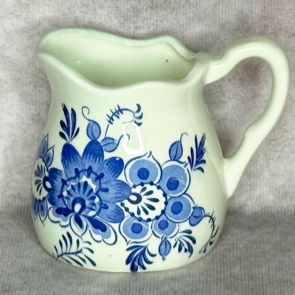Vintage Ceramic Creamer/Pitcher Blue on Blue Floral 4" 1 Cup Ivory Handle READ